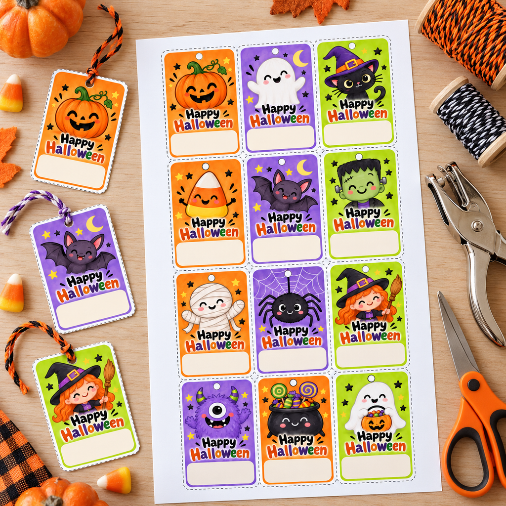 Printed sheet of 12 cute Halloween treat bag tags on cardstock with scissors, hole punch, twine and cut-out tags tied with ribbon
