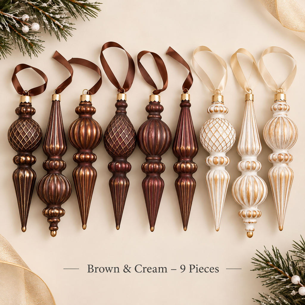 Brown and Cream vintage finial Christmas ornament set, 9 pieces