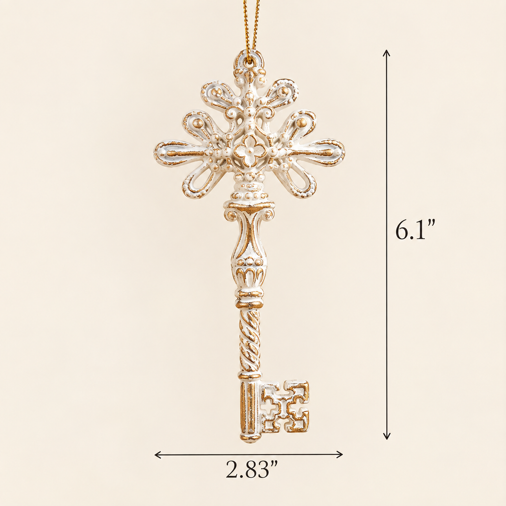 White and gold snowflake key Christmas ornament with size measurements