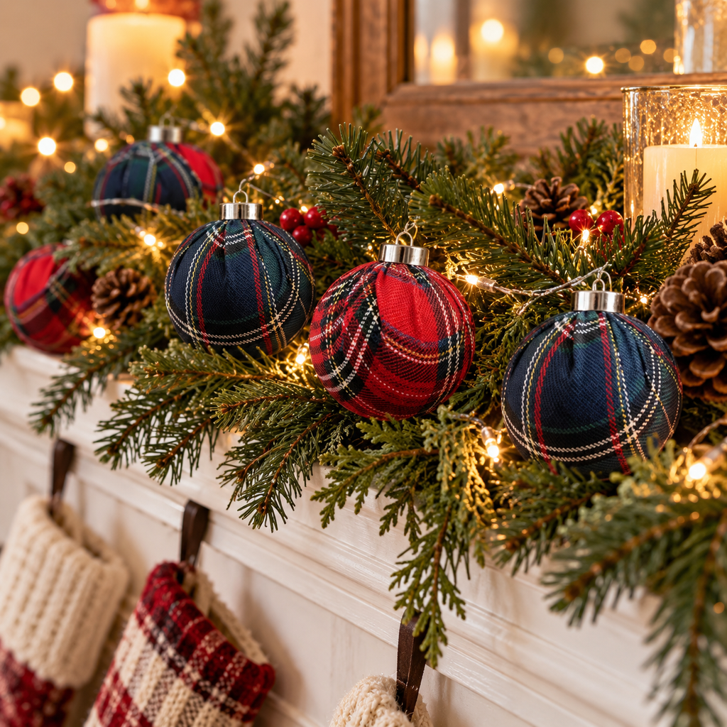 Tartan plaid Christmas ornaments tucked into a pine garland on a white mantel with stockings