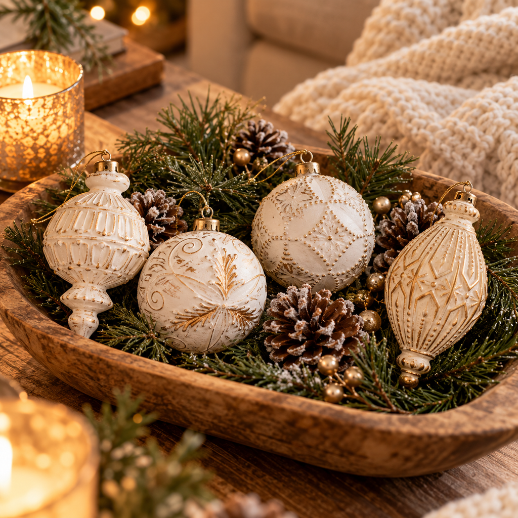 White and gold vintage ornaments in a wooden bowl centerpiece with pine and pinecones
