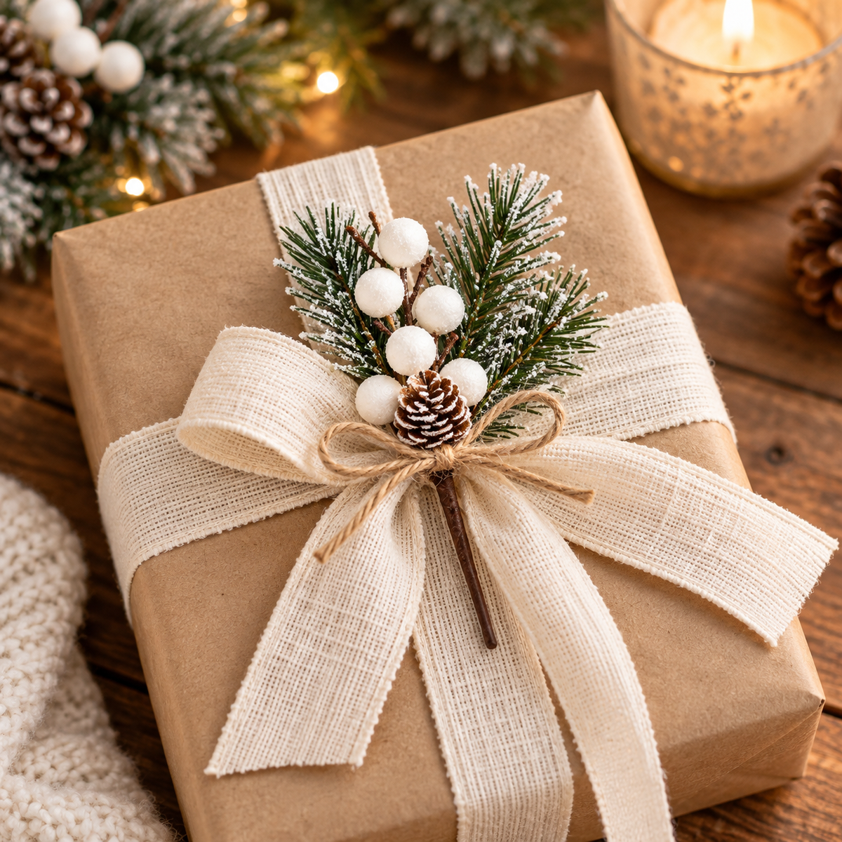 Kraft-wrapped gift topped with a white berry frosted pine pick and cream ribbon