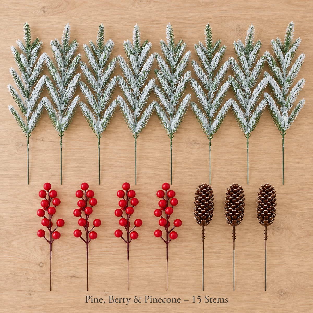 Pine, Berry and Pinecone set: 8 frosted pine stems, 4 red berry stems and 3 pinecone stems