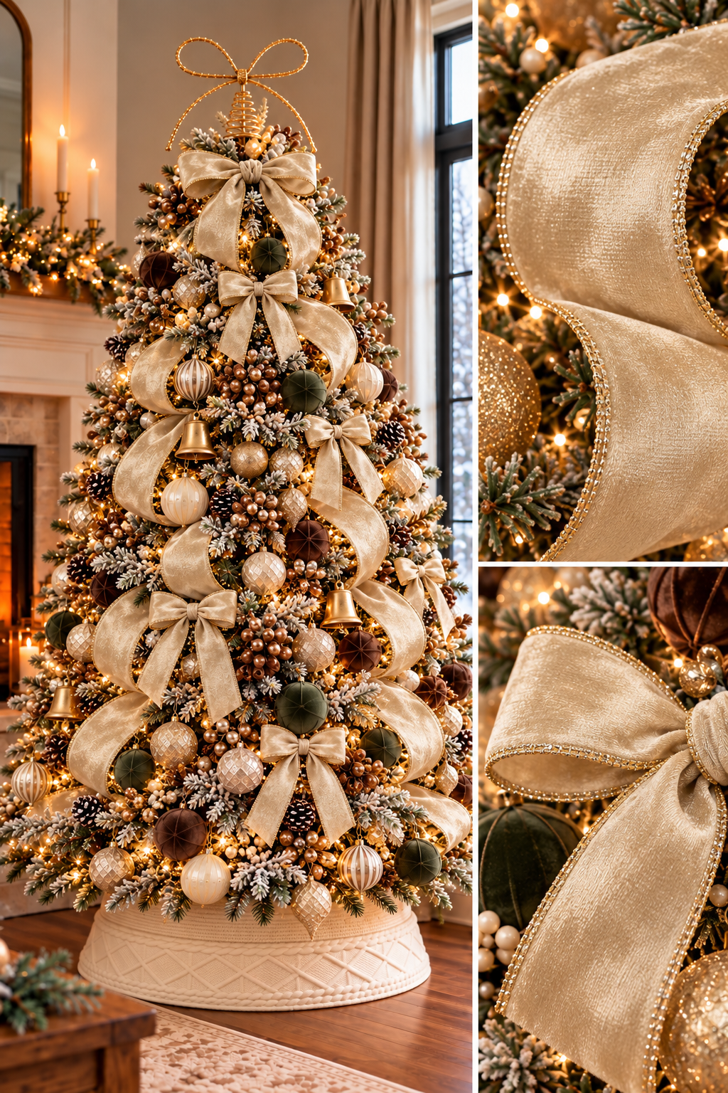 Christmas tree decorated with champagne gold ribbon loops and bows