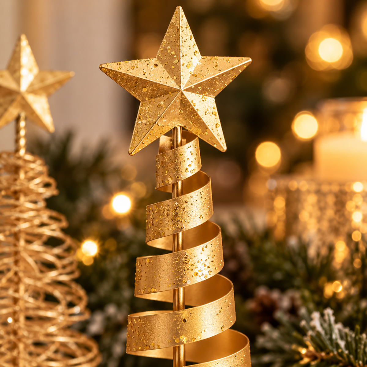 Close-up of gold ribbon spiral Christmas tree with glitter star topper