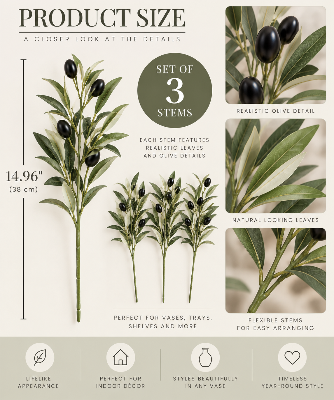 Faux Olive Branch Stems – Set of 3