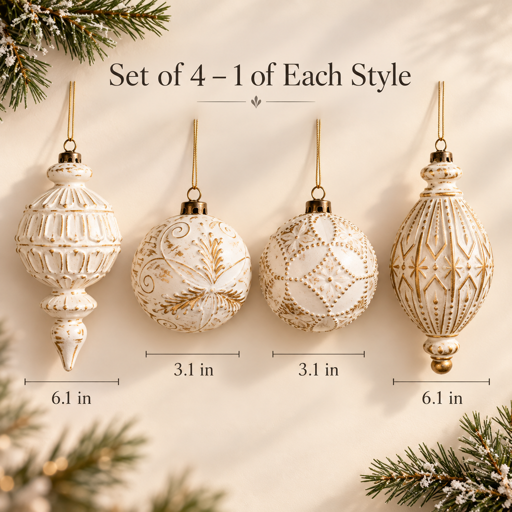 Set of 4 size chart: two 3.1 inch ball ornaments and two 6.1 inch finial ornaments