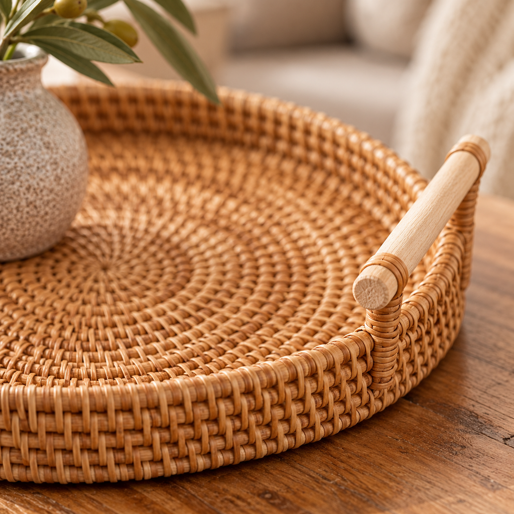 Close-up of the spiral rattan weave and wooden handle on the round tray