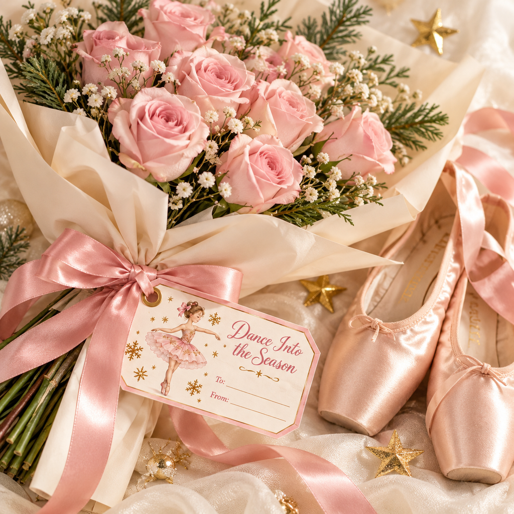 Ballerina printable gift tag on a pink rose recital bouquet beside pink satin pointe shoes