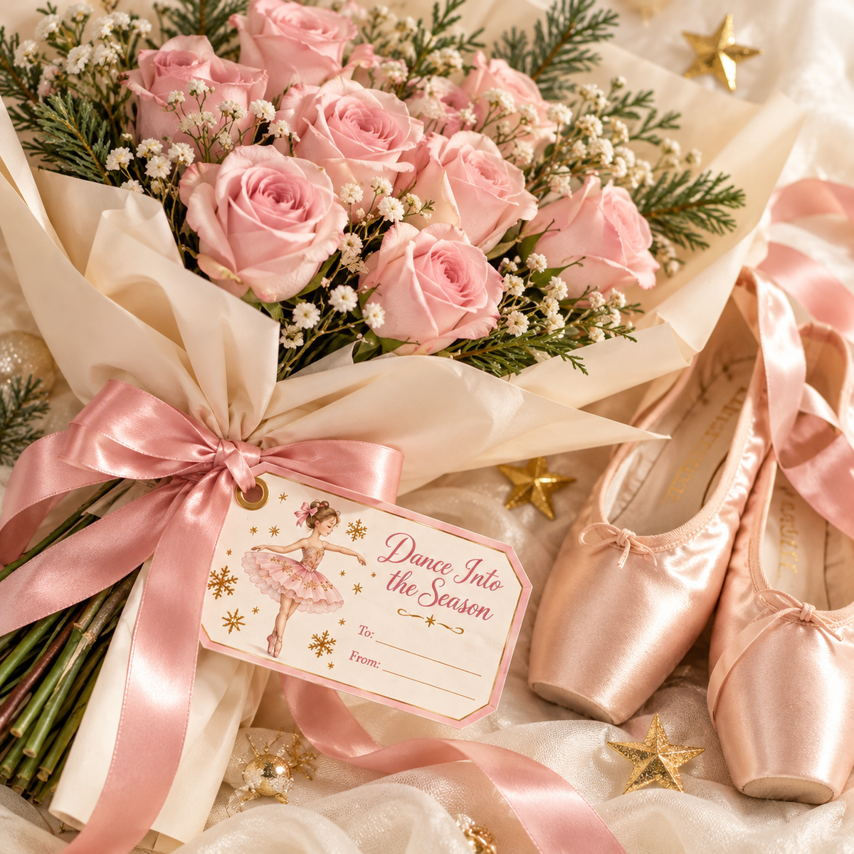 Ballerina printable gift tag on a pink rose recital bouquet beside pink satin pointe shoes