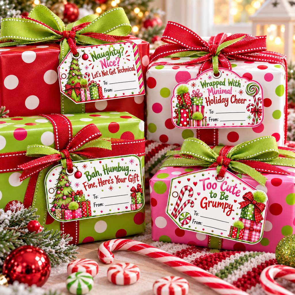 Whimsical Christmas printable gift tags in lime green, red and pink tied onto polka dot wrapped presents