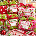 Whimsical Christmas printable gift tags in lime green, red and pink tied onto polka dot wrapped presents