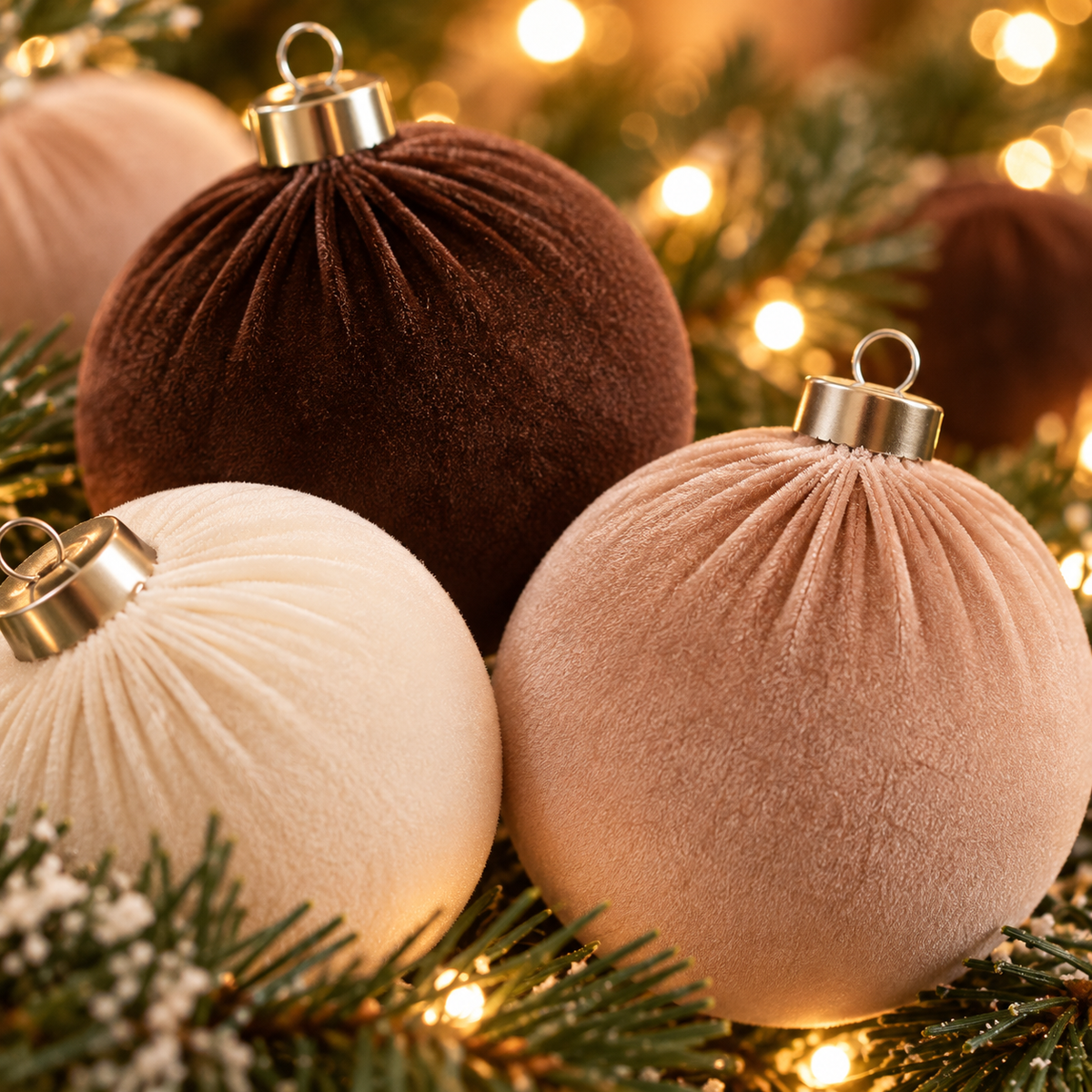 Close-up of soft brown, blush and cream flocked velvet Christmas balls
