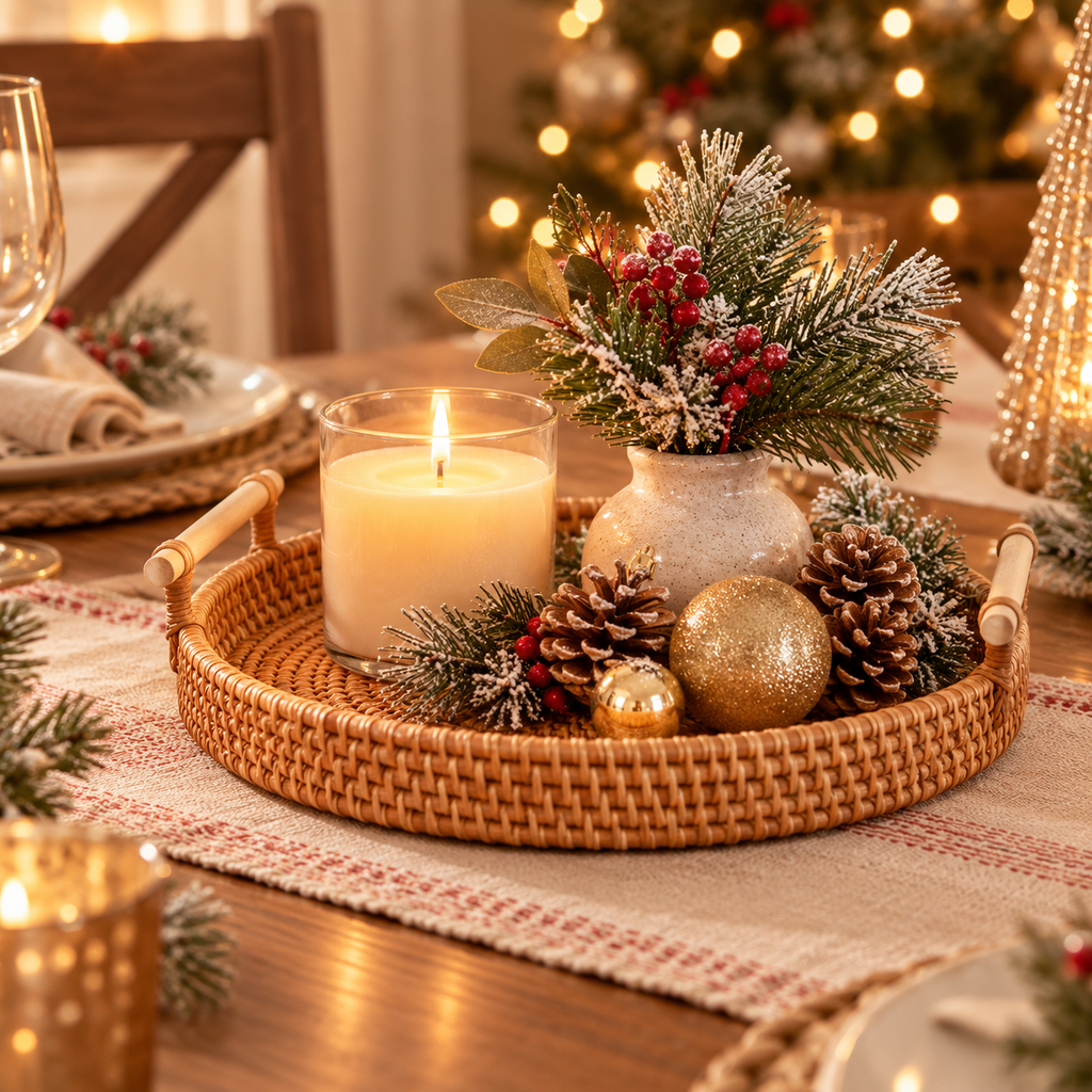 Rattan tray styled for Christmas with a candle, pinecones, greenery and gold ornaments