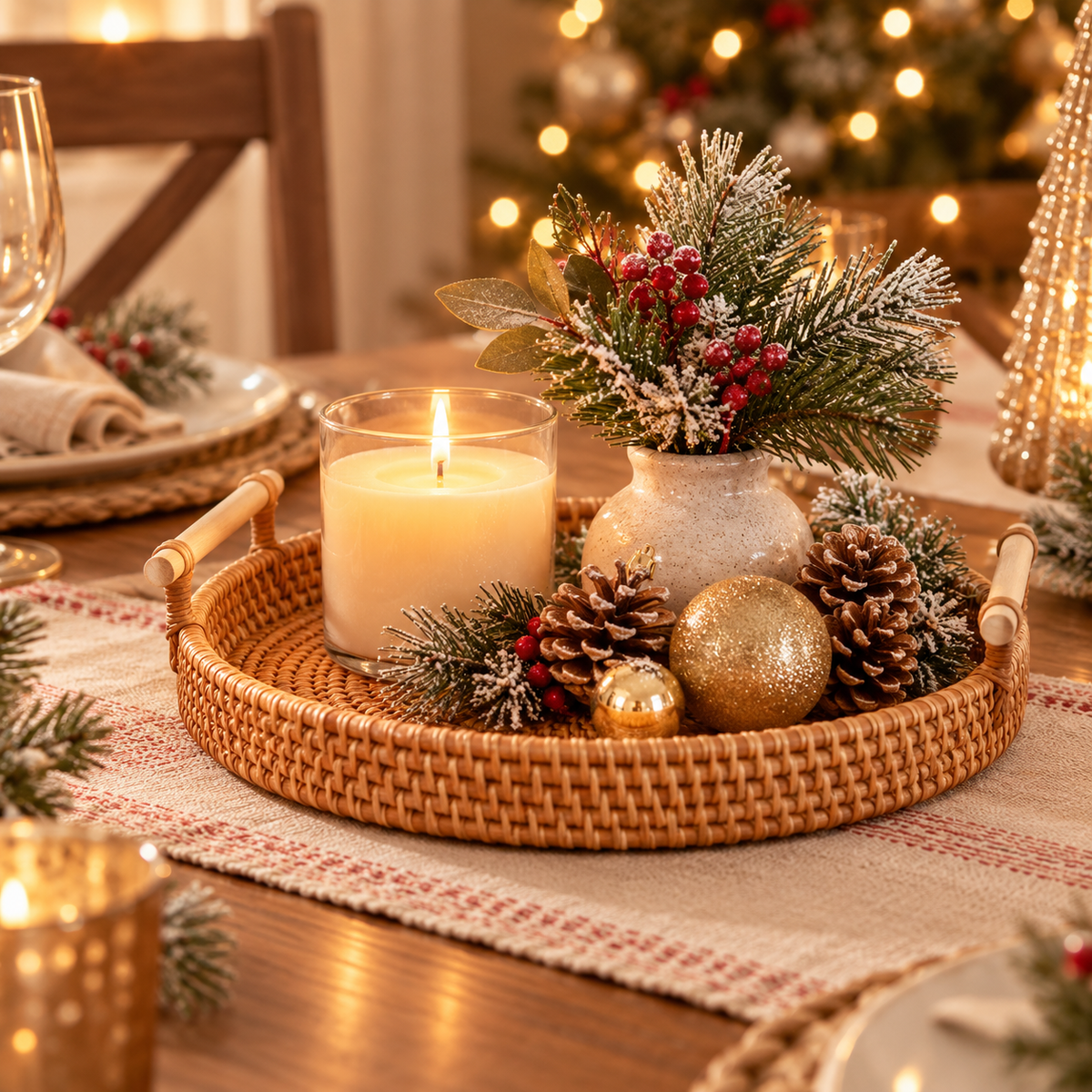 Rattan tray styled for Christmas with a candle, pinecones, greenery and gold ornaments