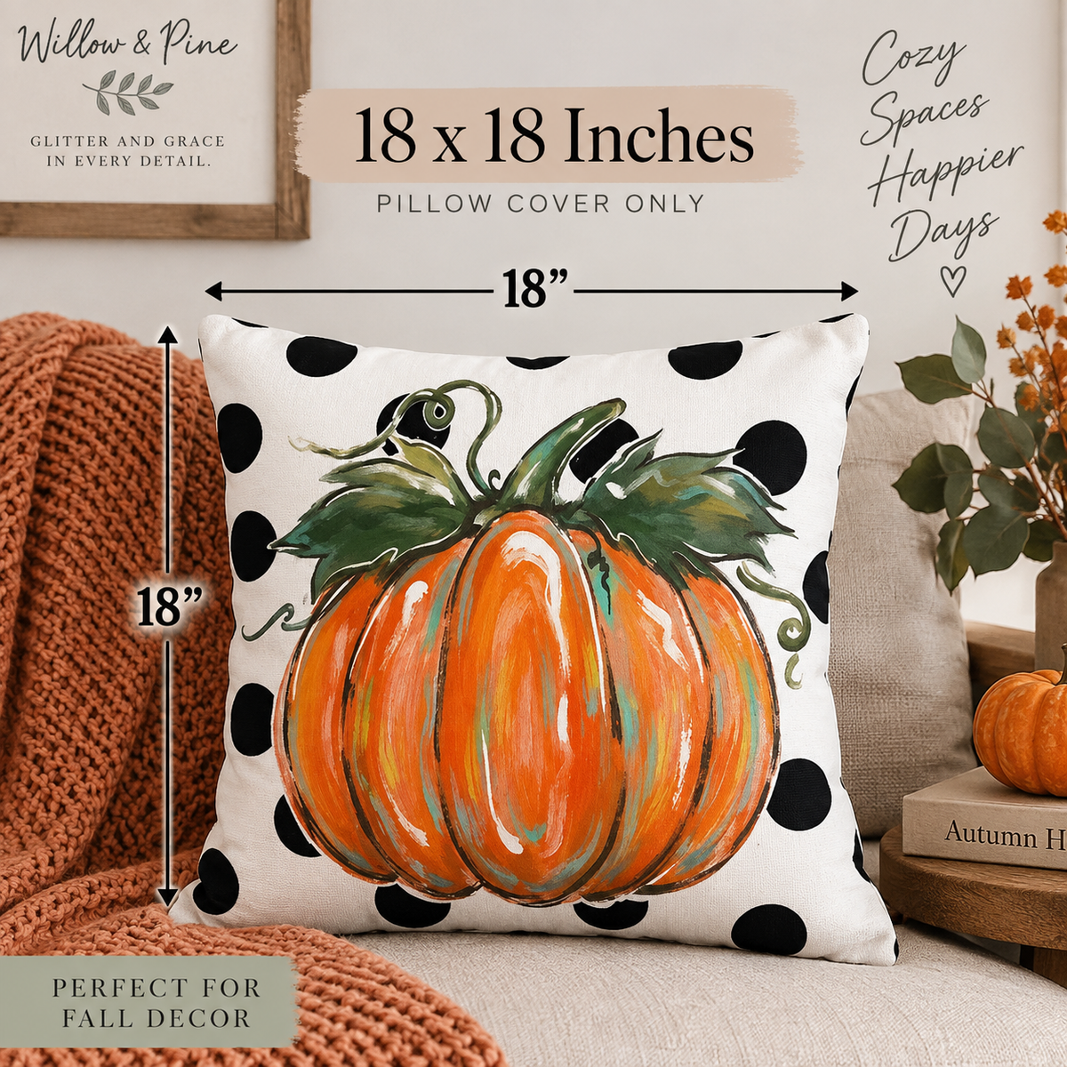 18 x 18 inch polka dot pumpkin throw pillow cover size guide