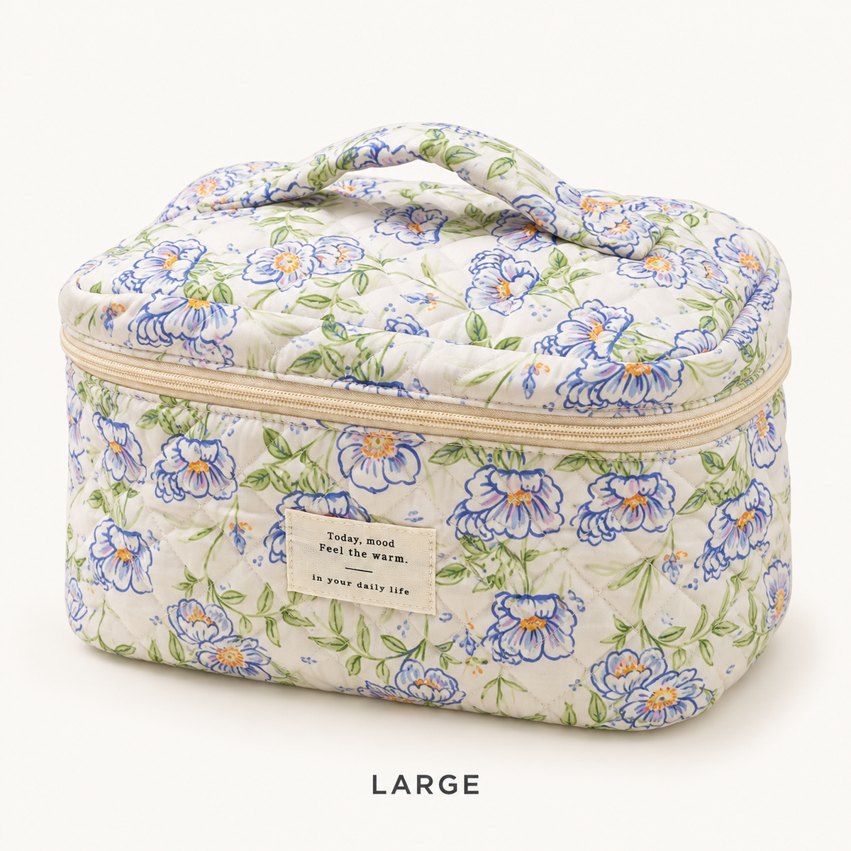 Blue floral quilted makeup bag, Large box-shape case with handle