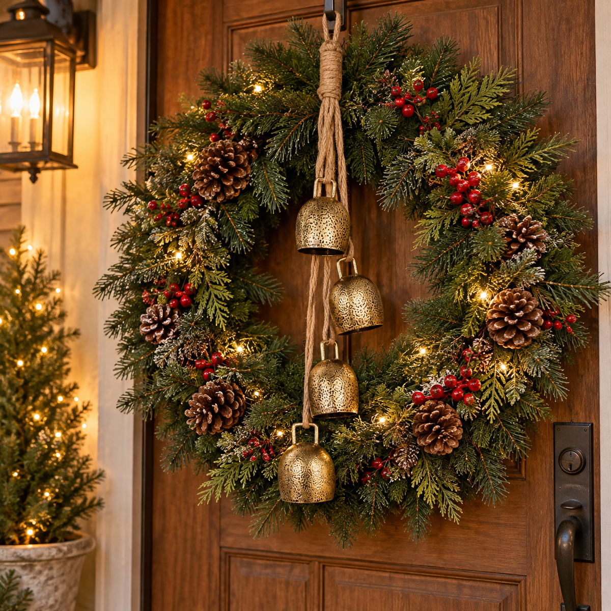 Rustic gold Christmas bell hanger with jute rope hanging from a pine wreath on a wooden front door