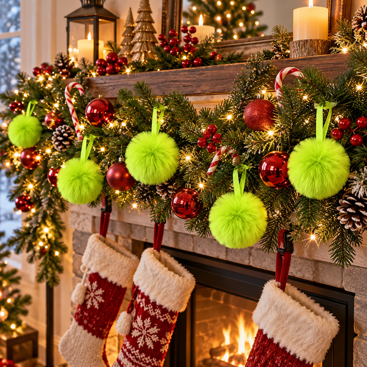 Fireplace mantel garland decorated with fuzzy lime green pom-pom ornaments, red ornaments and stockings