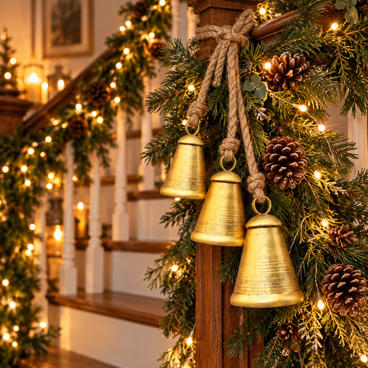 Rustic gold bells tied to a pine garland on a staircase banister