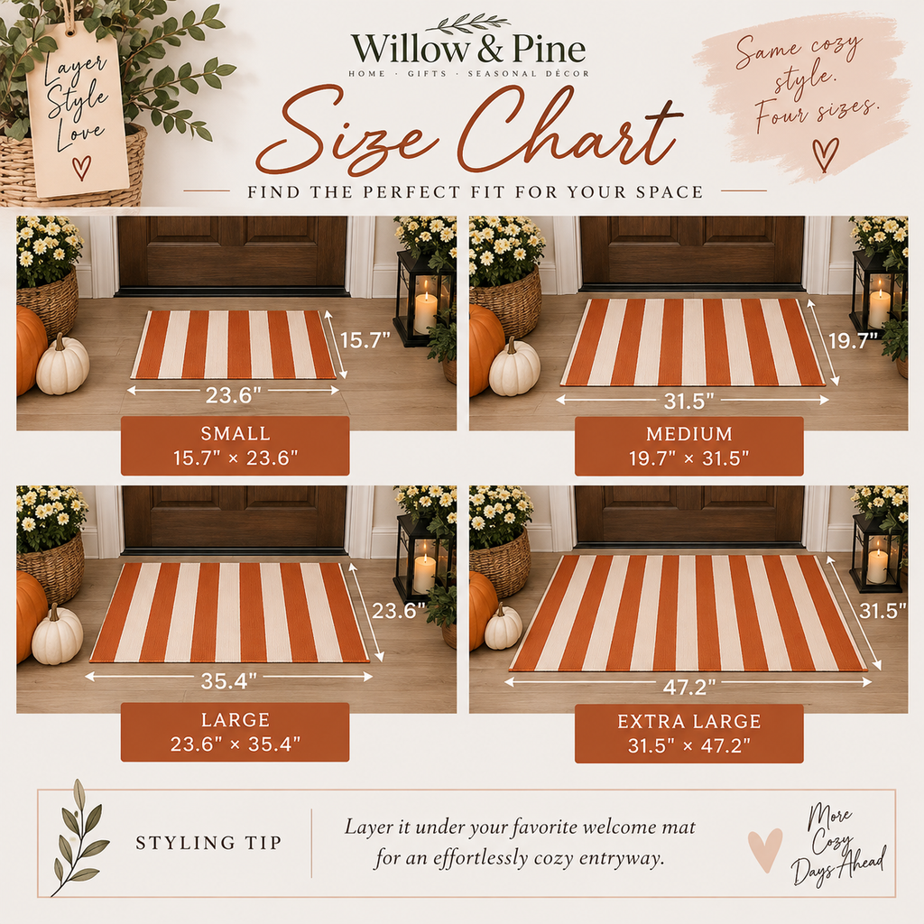 A size chart graphic for Willow & Pine entryway mats, showing four size options: Small, Medium, Large, and Extra Large. Each size displays a rectangular mat with orange and cream vertical stripes, complete with dimensions in inches and feet, set against a mockup of a front door with decorative pumpkins and candles.