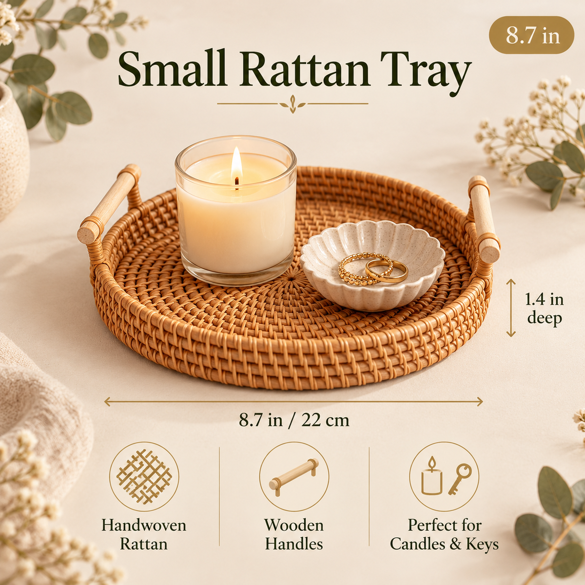 Small 8.7 inch rattan tray with size and product details