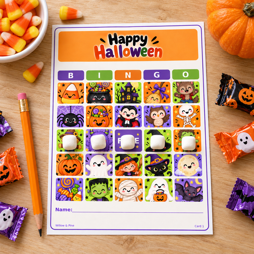 Printed Halloween bingo card with a winning row covered by mini marshmallows across the FREE space, with candy and a pencil