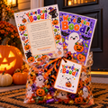 You've Been Boo'd treat bag on a porch with the printable poem note, We've Been Boo'd door sign and a tag tied on with ribbon