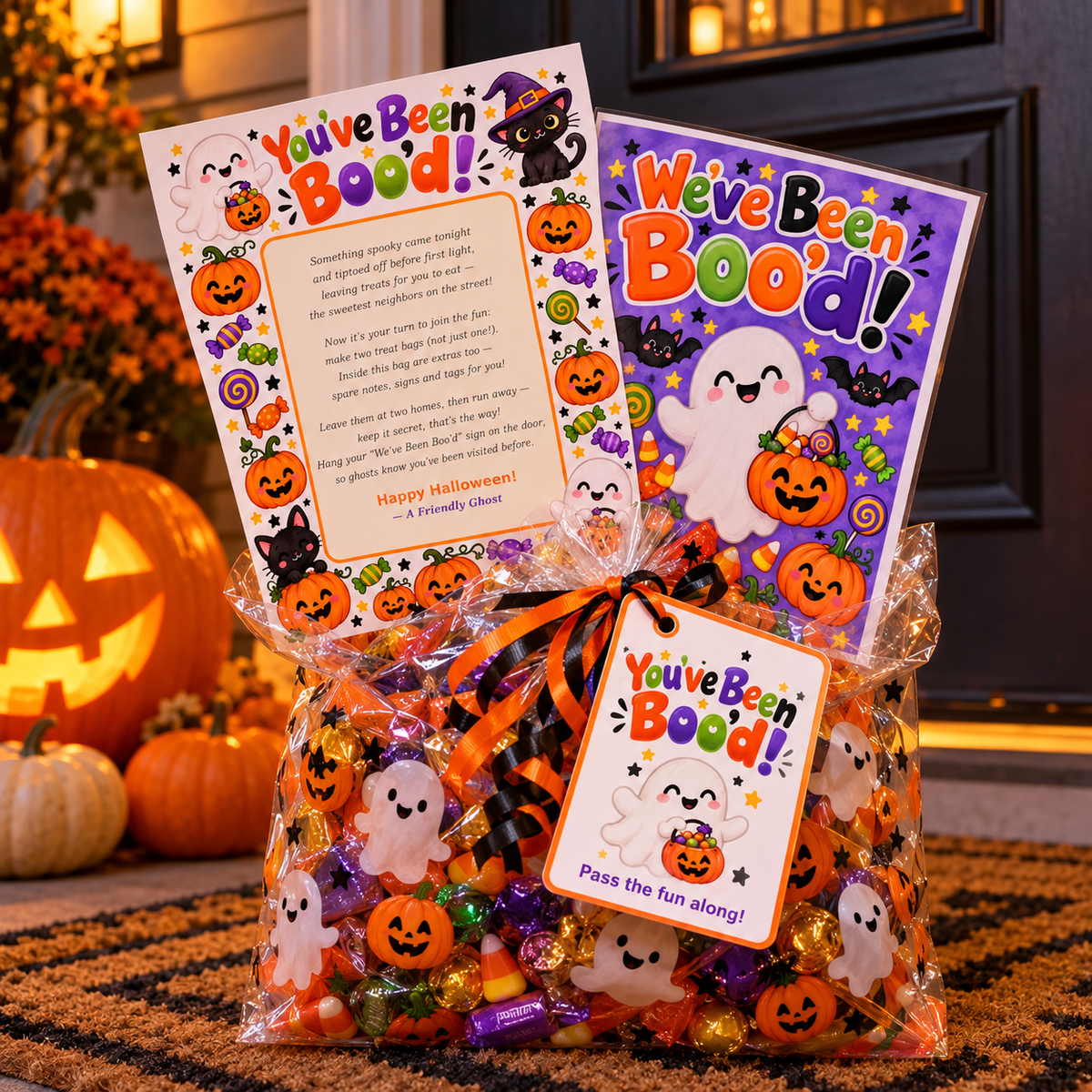 You've Been Boo'd treat bag on a porch with the printable poem note, We've Been Boo'd door sign and a tag tied on with ribbon