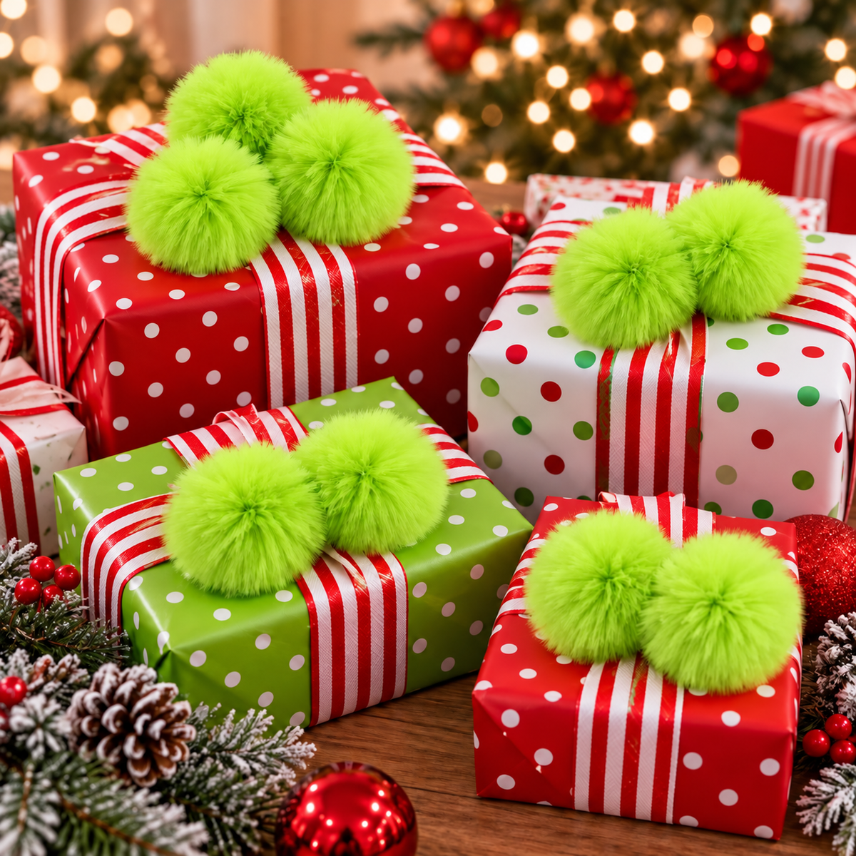 Wrapped Christmas gifts topped with fuzzy lime green pom-pom balls and red and white striped ribbon