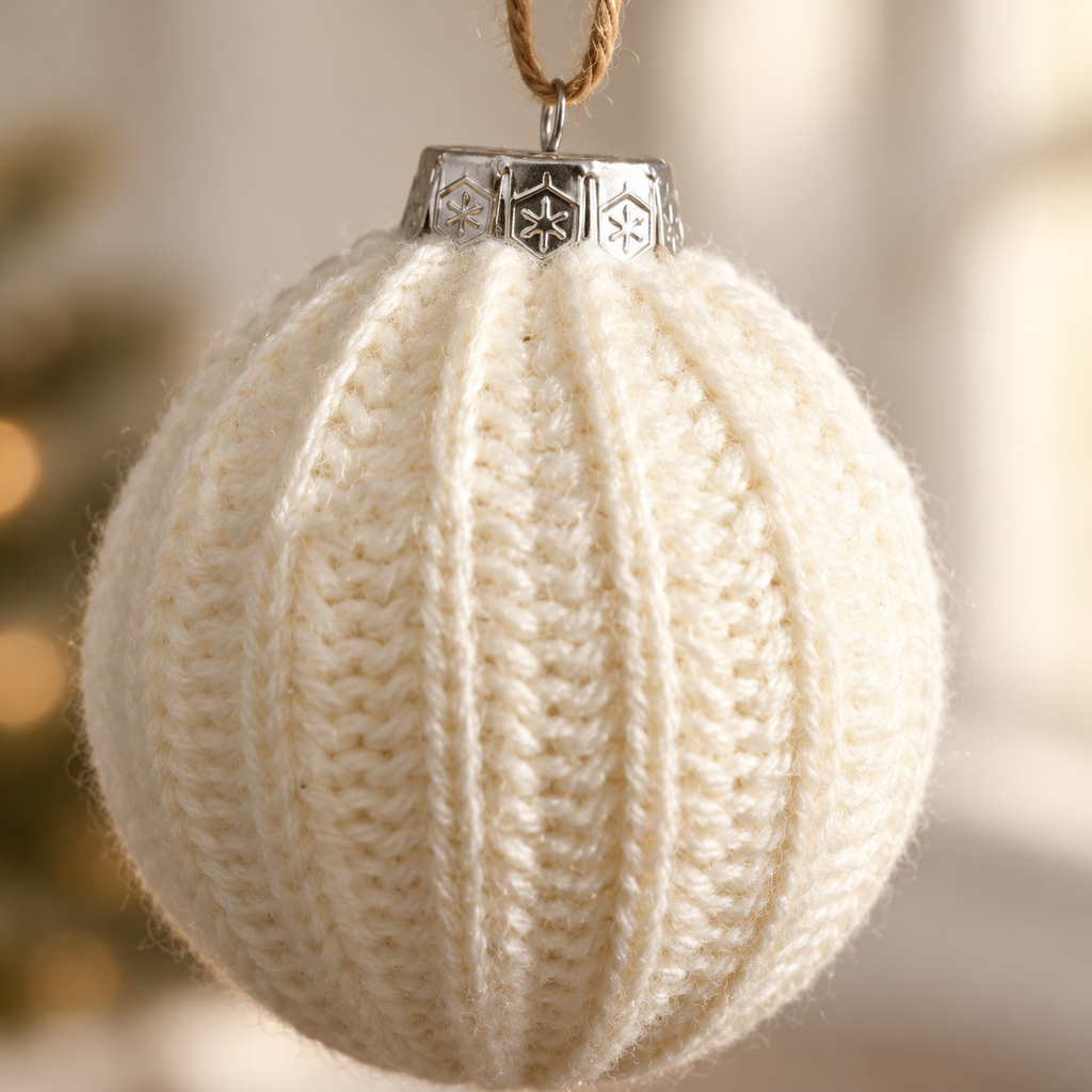 Close-up of ribbed knit texture on cream Christmas ball ornament