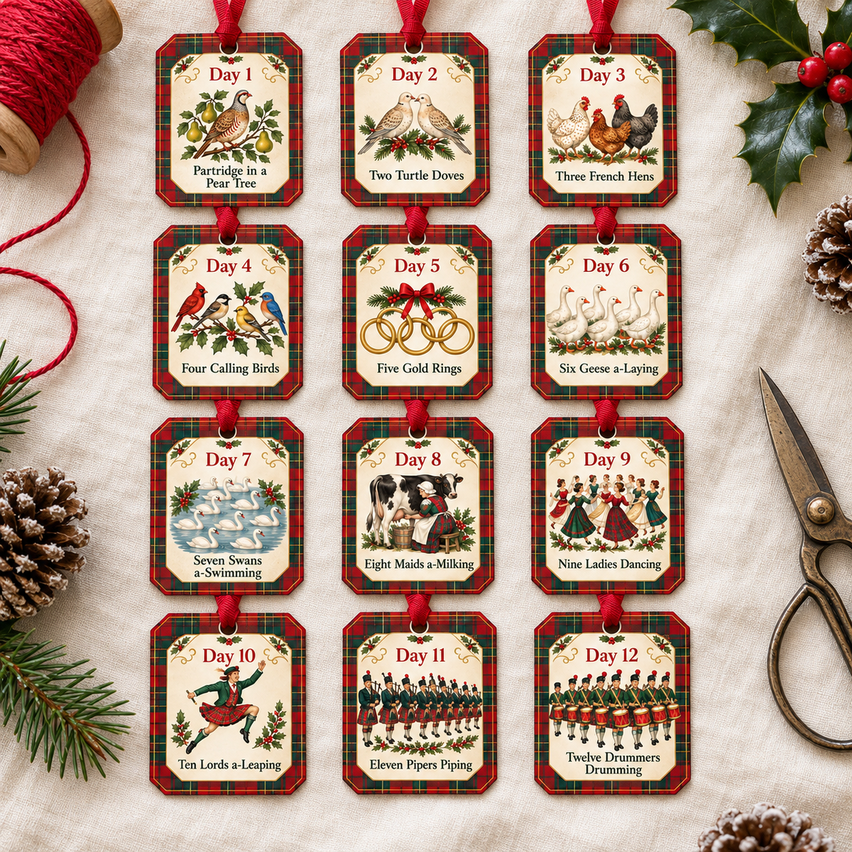 All 12 printable tartan Christmas gift tags laid out in a grid with red ribbon, scissors and holly