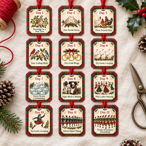 All 12 printable tartan Christmas gift tags laid out in a grid with red ribbon, scissors and holly