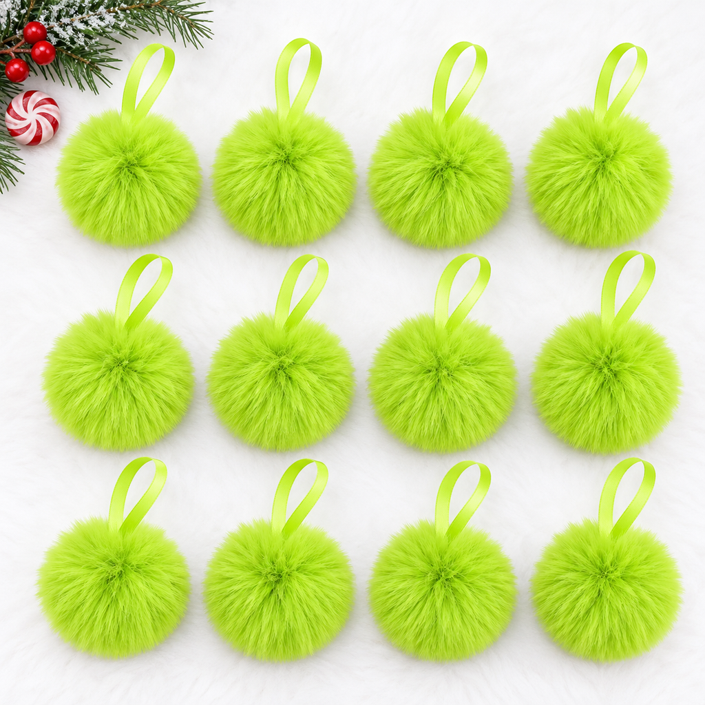 12 pack of fuzzy lime green pom-pom Christmas ornaments with ribbon loops