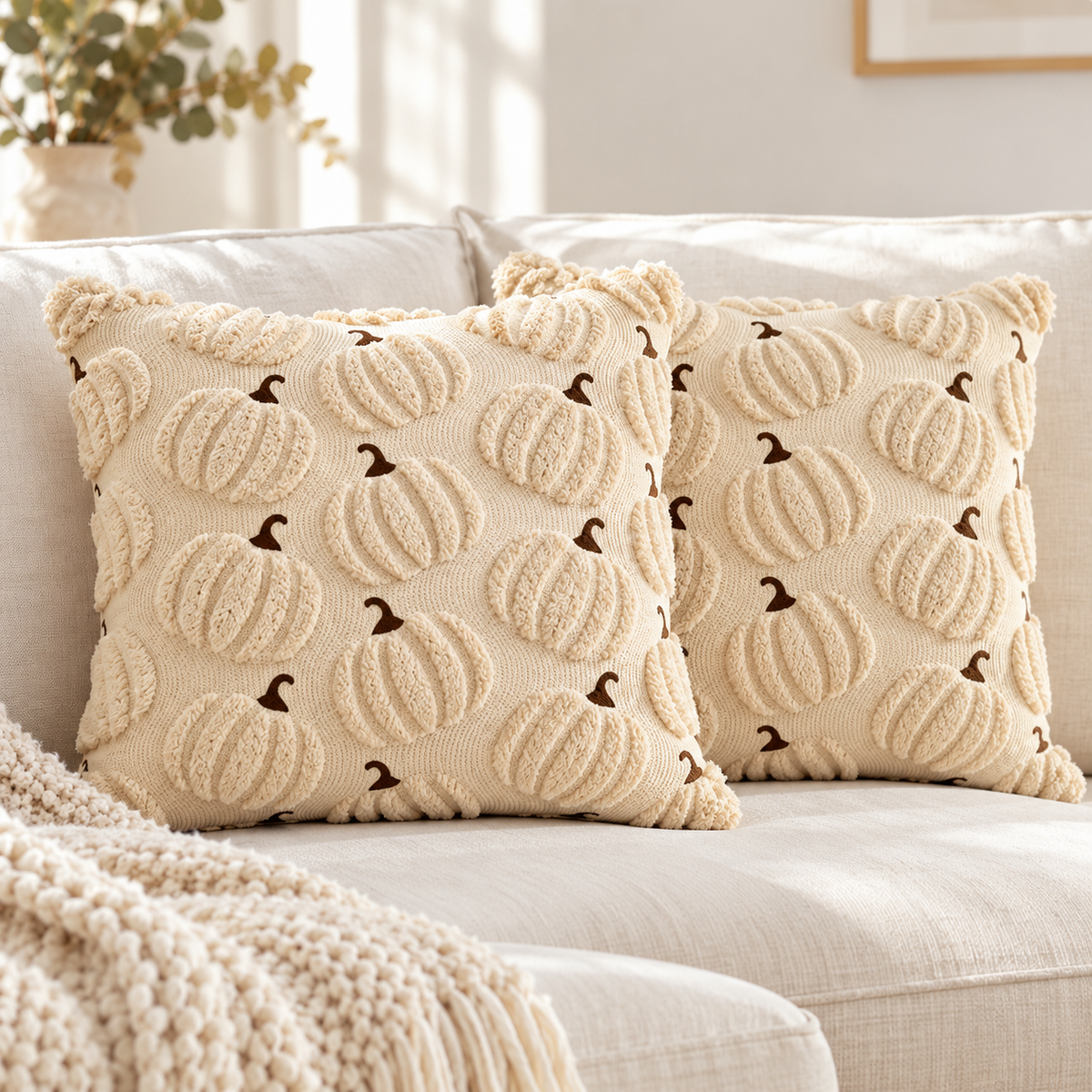 Set of 2 beige textured pumpkin pillow covers side by side on a cream sofa