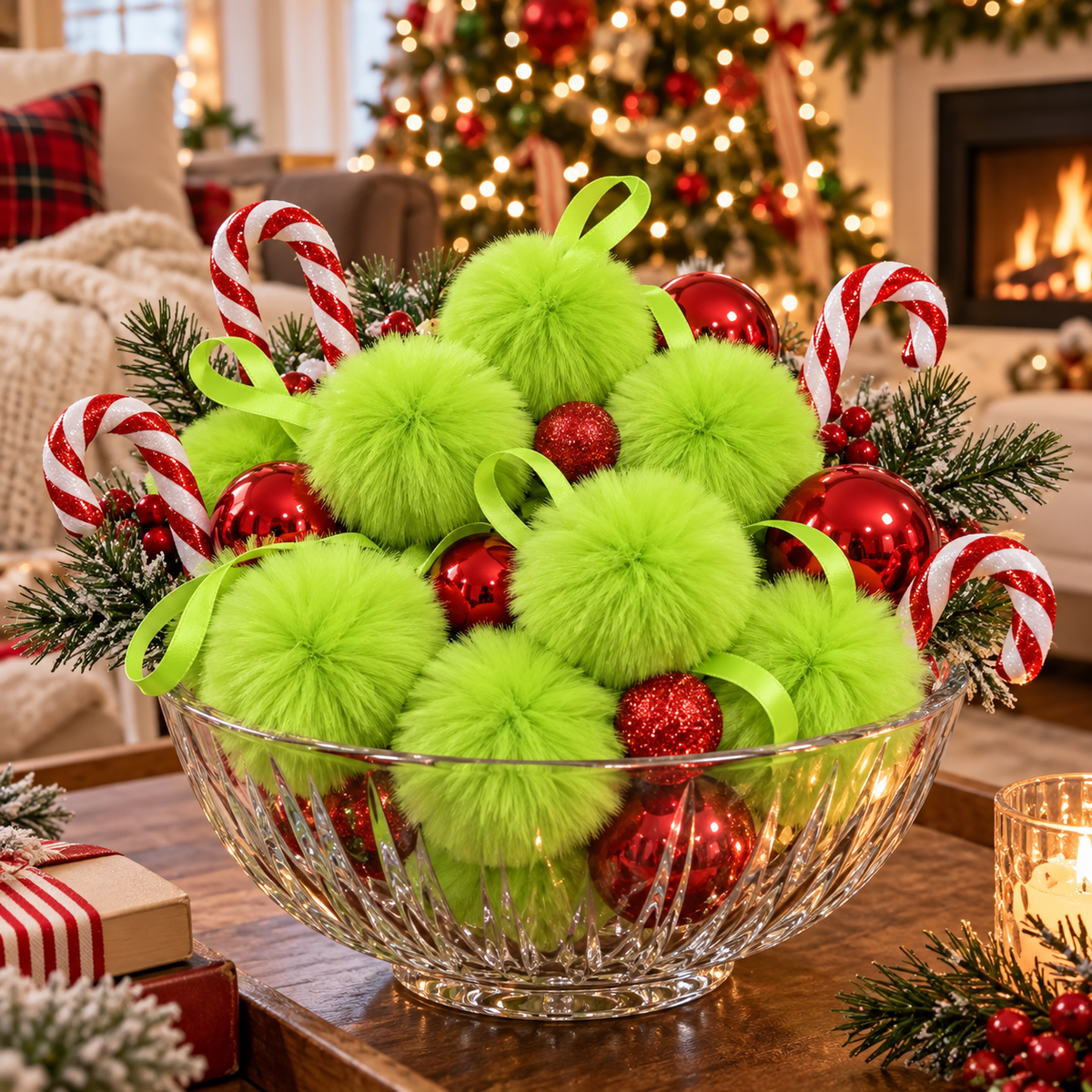 Glass bowl filled with fuzzy lime green pom-pom ornaments and red ornaments as a Christmas centerpiece