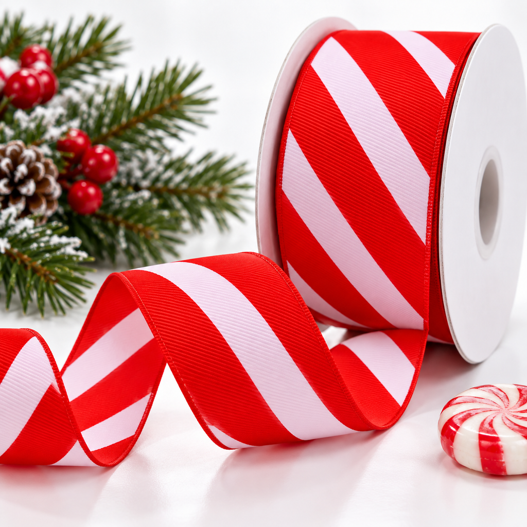 Roll of 1.5 inch (38mm) red and white wide stripe Christmas ribbon, 10 yards