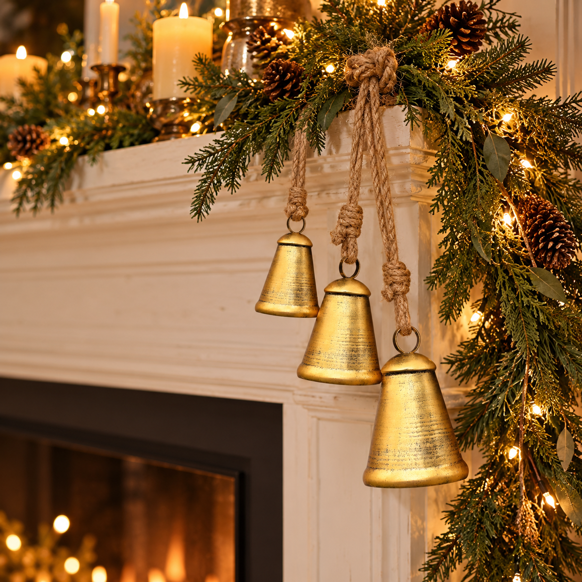 Gold Christmas bells hanging from a fireplace mantel garland