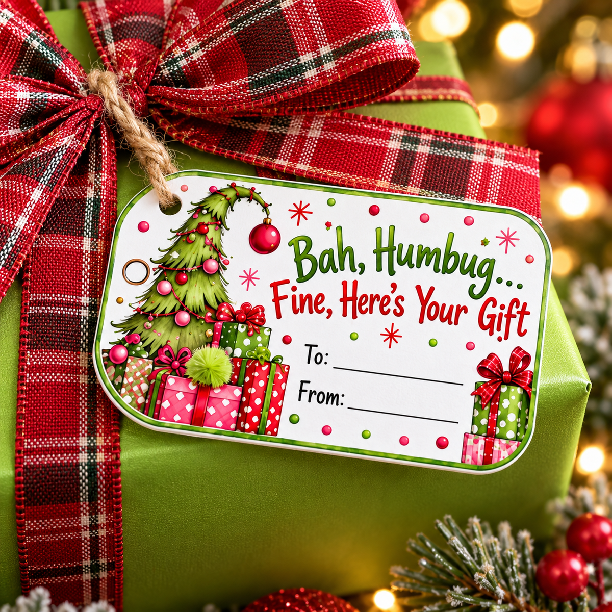 Close-up of Bah Humbug Fine Here's Your Gift printable tag tied with red plaid ribbon on a lime green gift