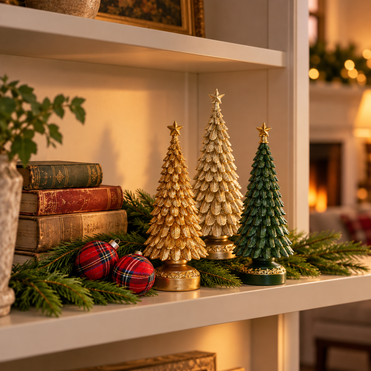 Set of 3 resin Christmas tree figurines styled on a bookshelf with vintage books, pine and tartan ornaments