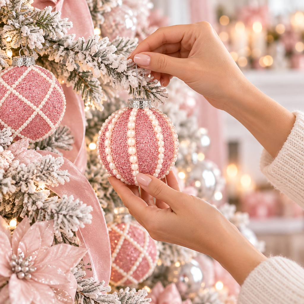 Hands hanging a pink glitter pearl ornament on a flocked Christmas tree