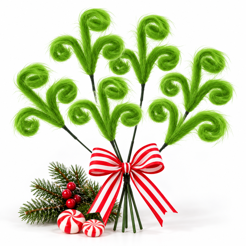 Set of 6 fuzzy lime green curly Christmas picks tied with red and white striped ribbon