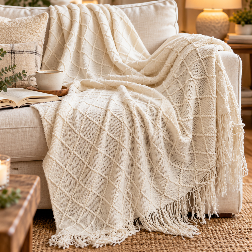Textured diamond knit throw blanket with tassels draped over a sofa