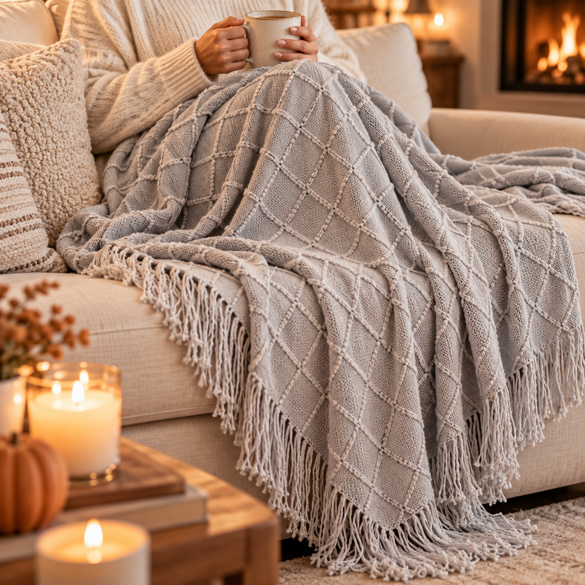 Close-up of diamond knit texture and tassel edges on throw blanket
