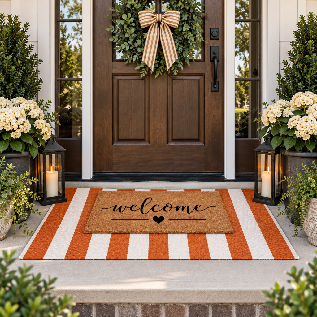 A striped welcome doormat in orange and white sits on a concrete porch in front of a dark wood front door decorated with a green wreath and a beige ribbon bow. White flowers and black lanterns flank the doorway.