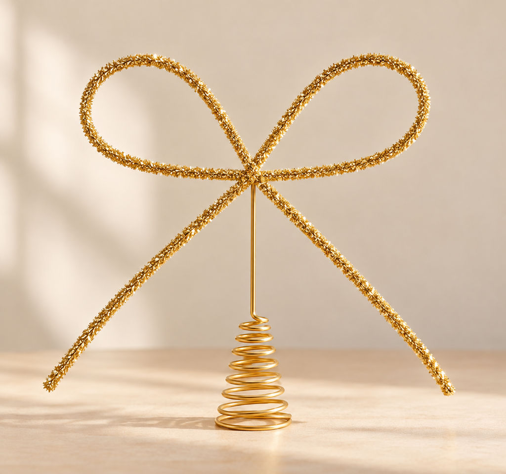Gold bow Christmas tree topper with glitter wire loops and spiral base