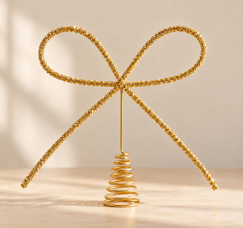 Gold bow Christmas tree topper with glitter wire loops and spiral base