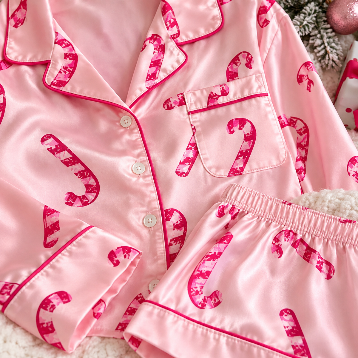Close-up of pink satin candy cane print shirt with hot pink piping and matching shorts