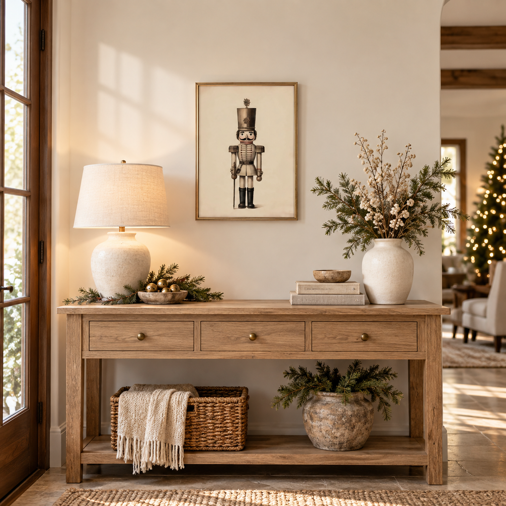 Vintage Neutral nutcracker framed print above an entryway console table
