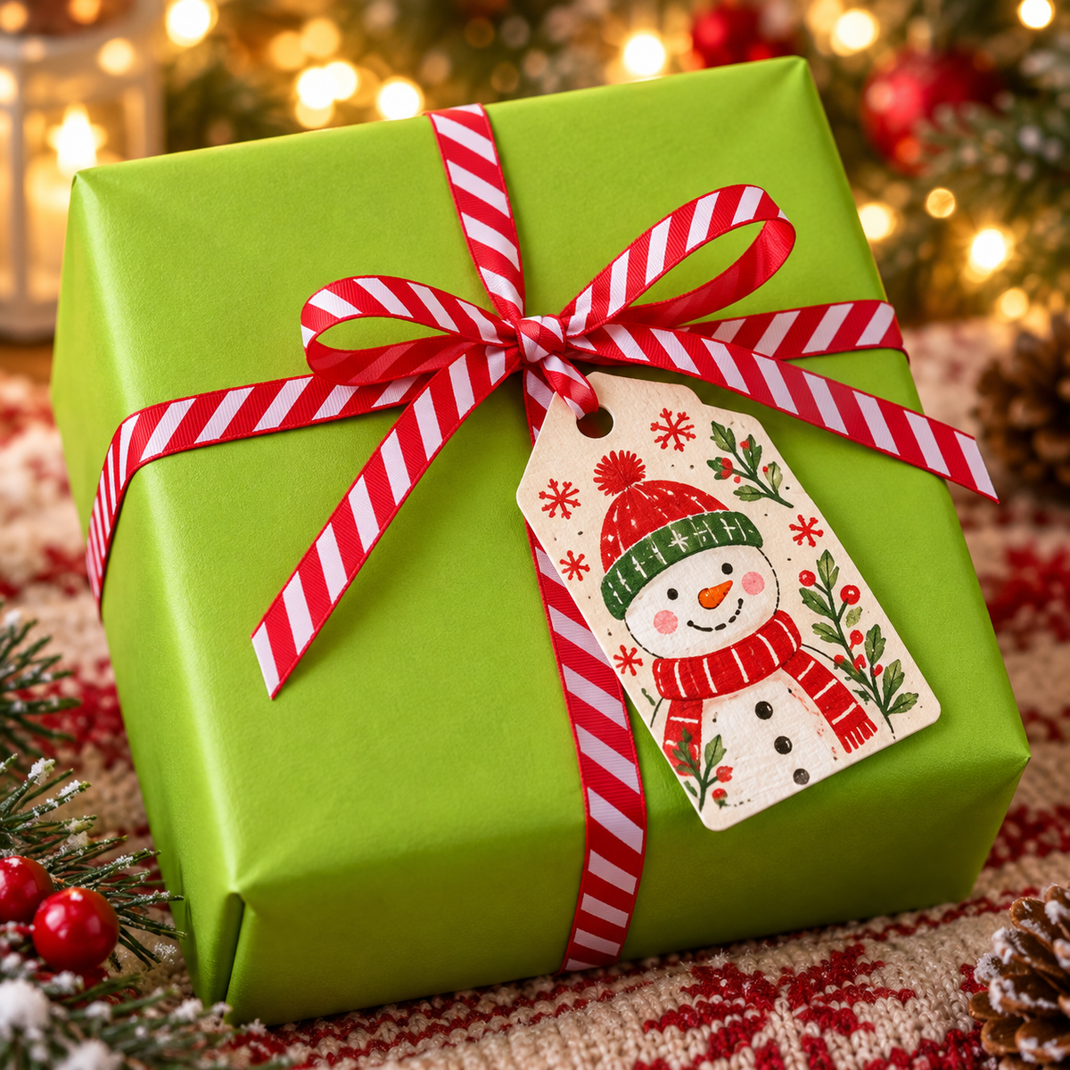 Lime green wrapped gift tied with thin red and white candy stripe ribbon and a Christmas gift tag